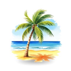 Fototapeta premium Tropical Beach Paradise - Palm Tree, Ocean, and Sandy Shore.