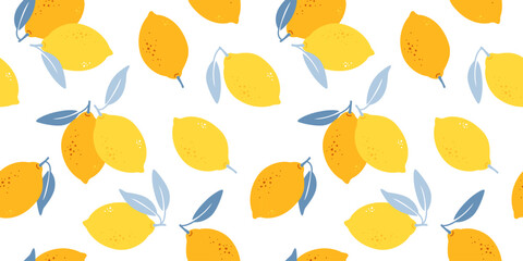 Seamless pattern with hand-drawn yellow lemons and blue leaves. Mediterranean citrus fruits, endless design for wallpaper, packaging, fabric, summer parties, kitchen decor. Vector illustration