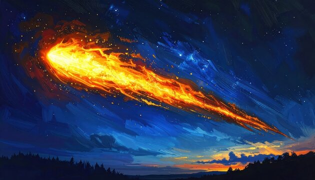 Brilliant celestial object streaks across the night sky leaving a trail of fiery, orange and yellow flames.