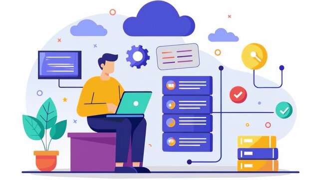 A man sitting at a desk, working on a laptop while observing computer data cloud storage process, A man looks at computer data cloud storage process, Simple and minimalist flat 2d Animation
