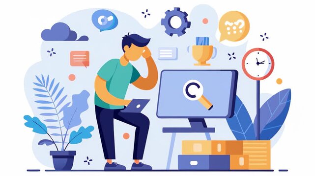 Man Analyzing Computer Screen With Magnifying Glass, A man looking for solutions to computer errors, Simple and minimalist flat 2d Animation