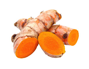 Bright orange rhizomes, some halved, showcasing the vibrant interior, isolated on black