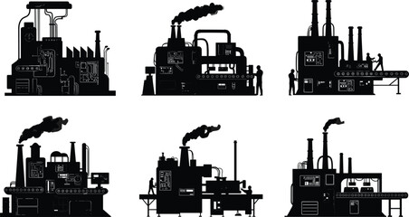 Fototapeta premium Industrial factory silhouettes with smokestacks, conveyor belts, workers, and machinery for manufacturing, automation, production, and heavy industry concepts