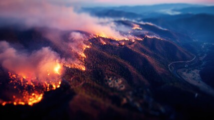 Fototapeta premium Fire rages across forested hills, smoke billowing against a dusky sky, miniature effect