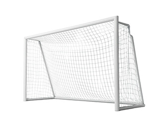 A 3D render of a soccer goal against a dark background, showing net and frame