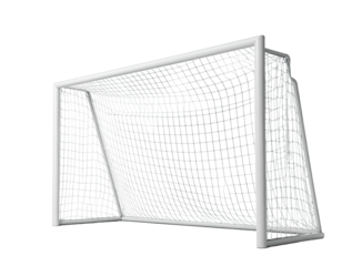 A 3D render of a soccer goal against a dark background, showing net and frame