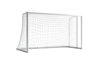 A white soccer goal with netting against a black background. Realistic render