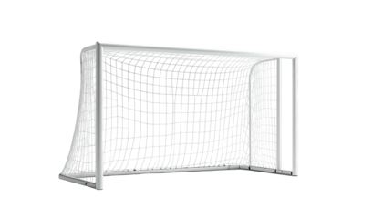 A white soccer goal with netting against a black background. Realistic render