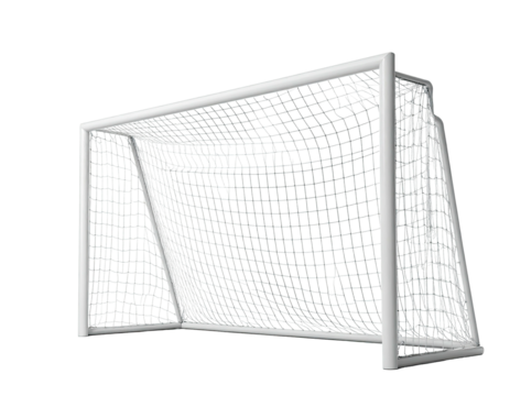 A 3D render of a soccer goal against a dark background, showing net and frame