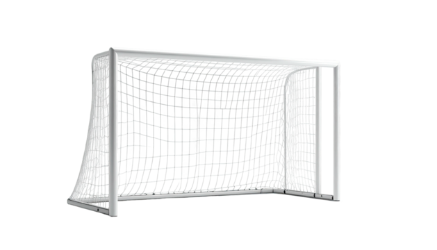 A white soccer goal with netting against a black background. Realistic render - Powered by Adobe