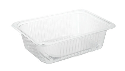 Clear, rectangular, ribbed plastic container; slightly tilted with shadows on a black background