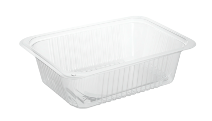 Clear, rectangular, ribbed plastic container; slightly tilted with shadows on a black background