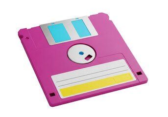 Pink 3 5 inch floppy disk isolated on transparent background, vintage computer storage media for data archiving and backup