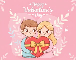 Happy Valentine’s Day Couple Holding a Big Heart Gift Box With Ribbon. Perfect for romance, gifting, celebrations, and family moments.
