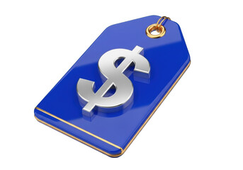 Obraz premium Blue price tag with dollar sign isolated on transparent background, retail sale label for shopping and discount offers PNG