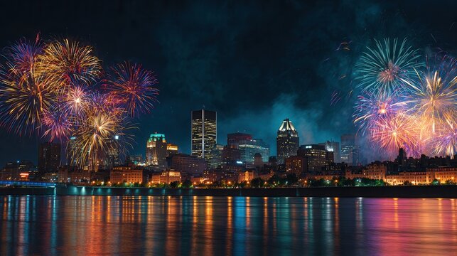 Vibrant city skyline illuminated by dazzling fireworks reflecting on calm water at night