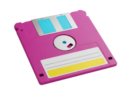 Pink 3 5 inch floppy disk isolated on transparent background, vintage computer storage media for data archiving and backup