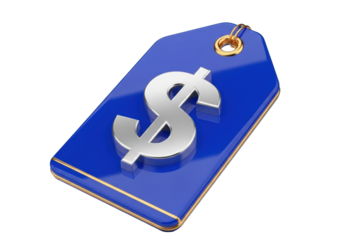 Blue price tag with dollar sign isolated on transparent background, retail sale label for shopping and discount offers PNG