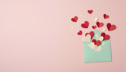 Envelope with red and white paper hearts on pastel pink background, romantic love letter for Valentine’s Day concept
