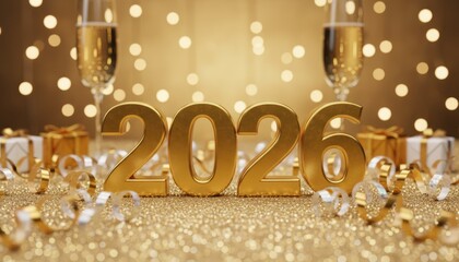Golden 2026 numbers on glitter table with champagne glasses and festive lights, luxury New Year celebration concept