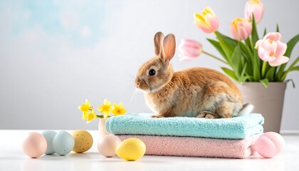 Cute bunny atop pastel towels, Easter eggs & tulips