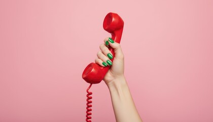 Bright Red Telephone Handset Held By Green-Nailed Hand Against Pink Background