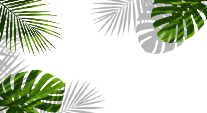 Realistic tropical leaf shadow overlay effect with summer sunlight, tranparent background.