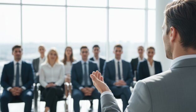 A presenter speaks to a seated group of professionals in a bright, modern office, showcasing leadership, communication, teamwork, and corporate training during a formal business meeting.