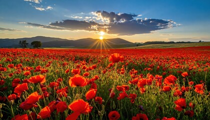 Radiant sunset bathes a vast field of vibrant red wildflowers, their delicate petals catching the golden light as clouds drift across the azure sky and distant mountains.