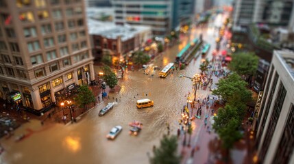 Obraz premium Miniature effect view of a city street flooded with brown water during a rainstorm