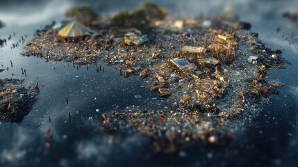 Fototapeta premium Miniature island made of trash, floating on murky water, with a few trees and structures