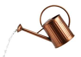 Copper watering can pouring water isolated on transparent background, gardening tool for watering plants and flowers PNG