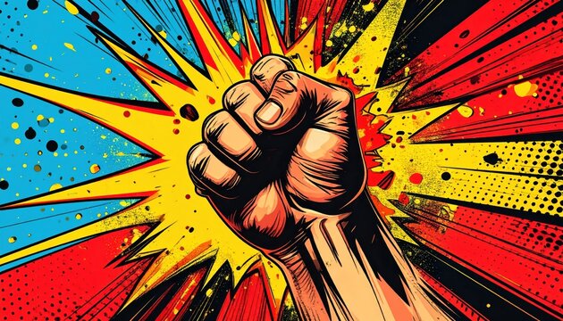 Powerful, stylized illustration features a clenched fist front and center, positioned against a dynamic backdrop of vibrant blues, yellows, and reds, creating an explosive, energetic pop art...