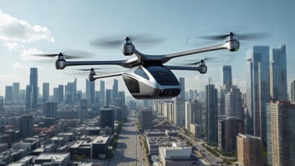 Futuristic Flying Car Over Cityscape - Urban Air Mobility Concept.