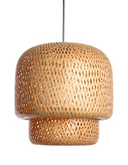 Hanging light fixture with layered, woven, basket-like shade, emitting a soft glow