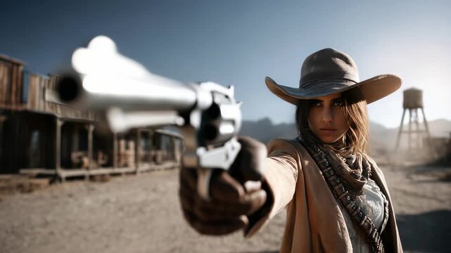 A Courageous Outlaw Stands in a Vast Desert Landscape with a Revolver