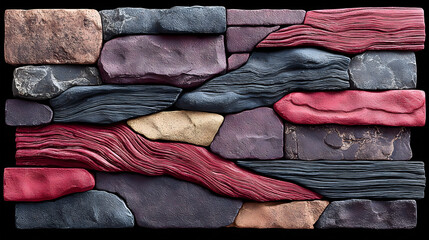 Colorful mixed material stone wall panel on black for modern design