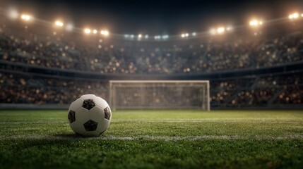 Focus on soccer ball on lush green field under stadium floodlights championship game night