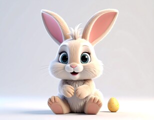 Cute cartoon Easter bunny sitting, holding paws, with egg