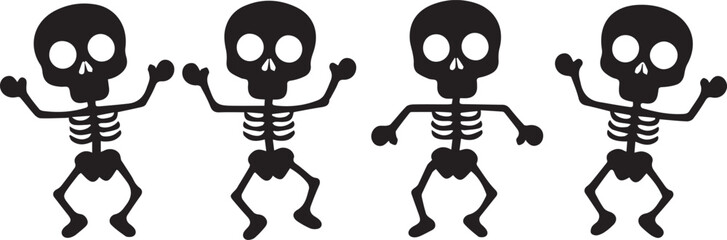 Four black cartoon human skeletons dancing together in simple graphic style vector eps illustration

