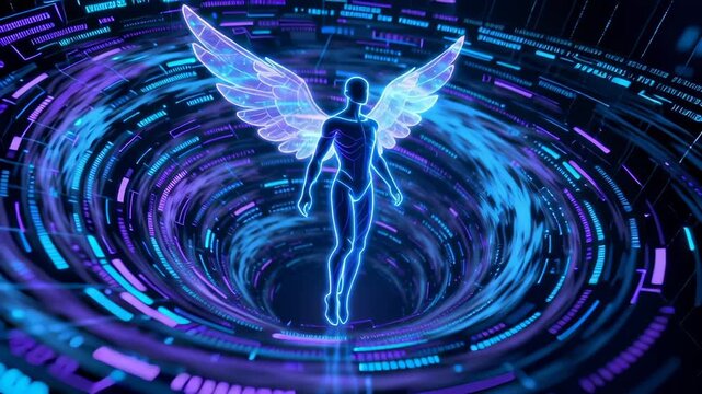 Seamless loop of luminescent humanoid figure with wings rising from digital vortex. Futuristic technological environment with circular data streams.