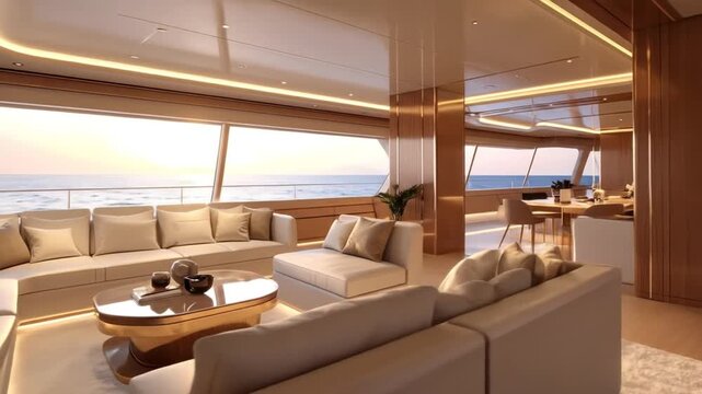 Luxury yacht interior with sofa and table overlooking the ocean