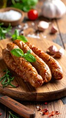 Roasted sausages on a wooden board, garnished with fresh herbs