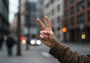 Hand showing peace sign on city street, close up gesture photo for lifestyle and social content