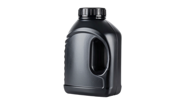 Dark bottle with a handle, top and closed cap, isolated on black backdrop