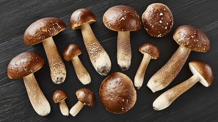 Top view of fresh porcini mushrooms with brown caps and thick stems on a dark wooden background. Autumn harvest concept, natural forest ingredients for cooking and seasonal cuisine.
