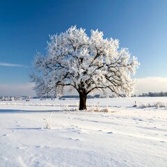 Frosted oak tree in a snowy field under a vibrant blue sky