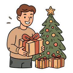 Hand-drawn pastel doodle of a young man holding a Christmas gift box with a bow. Cozy festive illustration with a Christmas tree and presents. Perfect for cards, posters, and holiday designs.