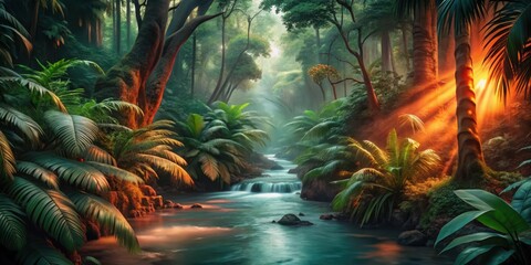 Sunlight streams through lush green jungle foliage illuminating a tranquil river flowing through a vibrant rainforest