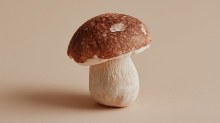 Close-up of a single fresh porcini mushroom with natural texture and warm lighting on a beige background. Perfect for culinary, organic food, and forest harvest concepts.